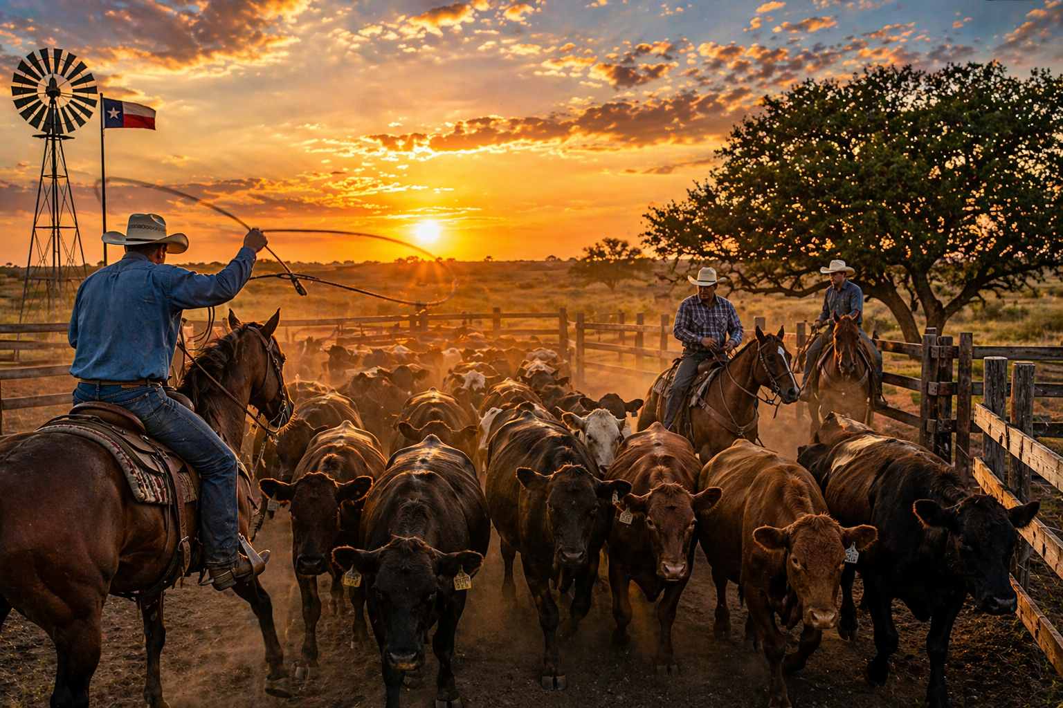 Cowboys working cattle at sunset