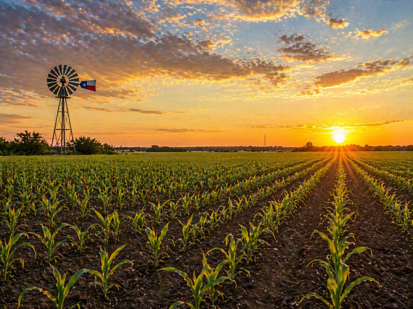 Young corn stalks at sunset