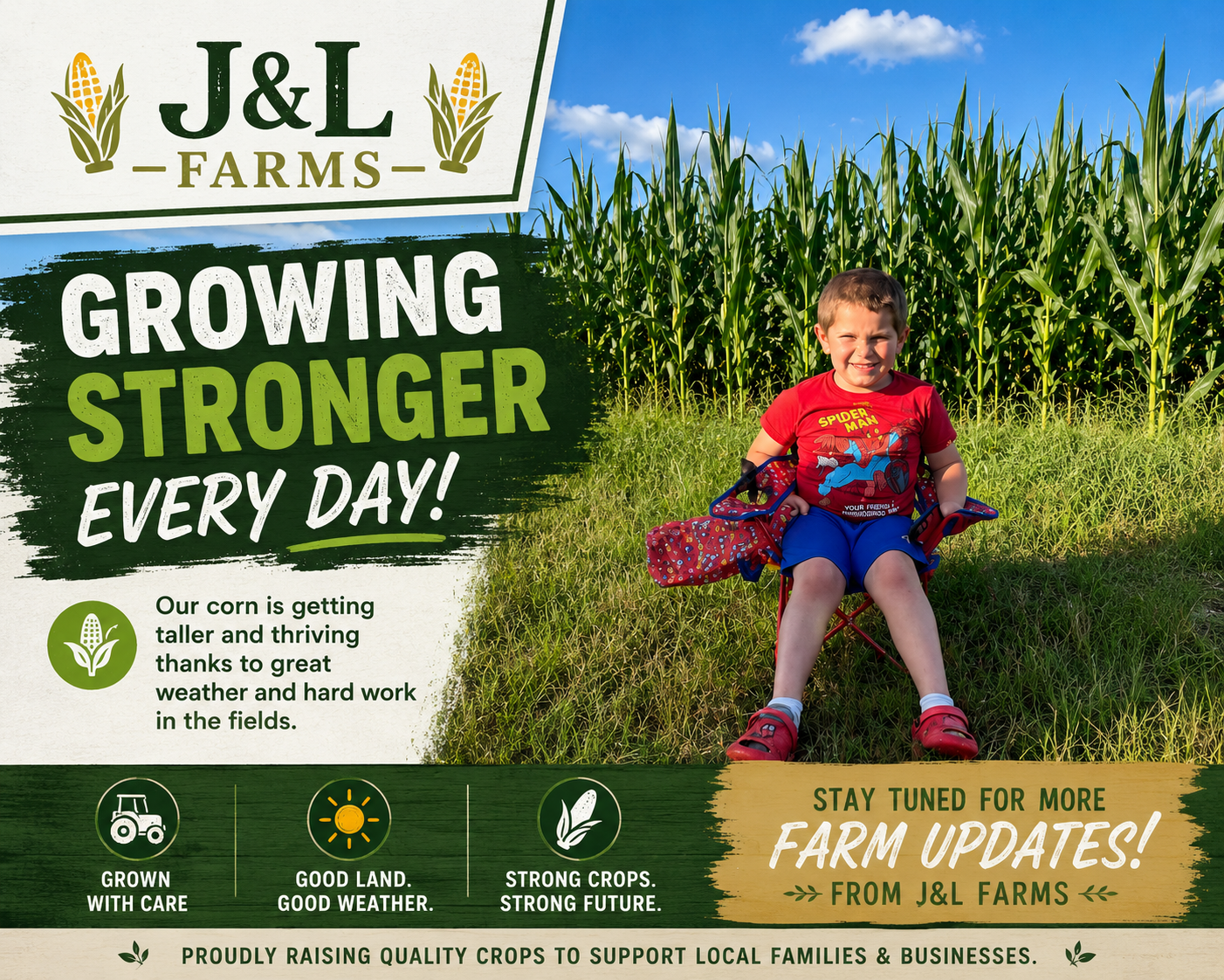 AJ at J&L Farms with the corn growing tall behind him