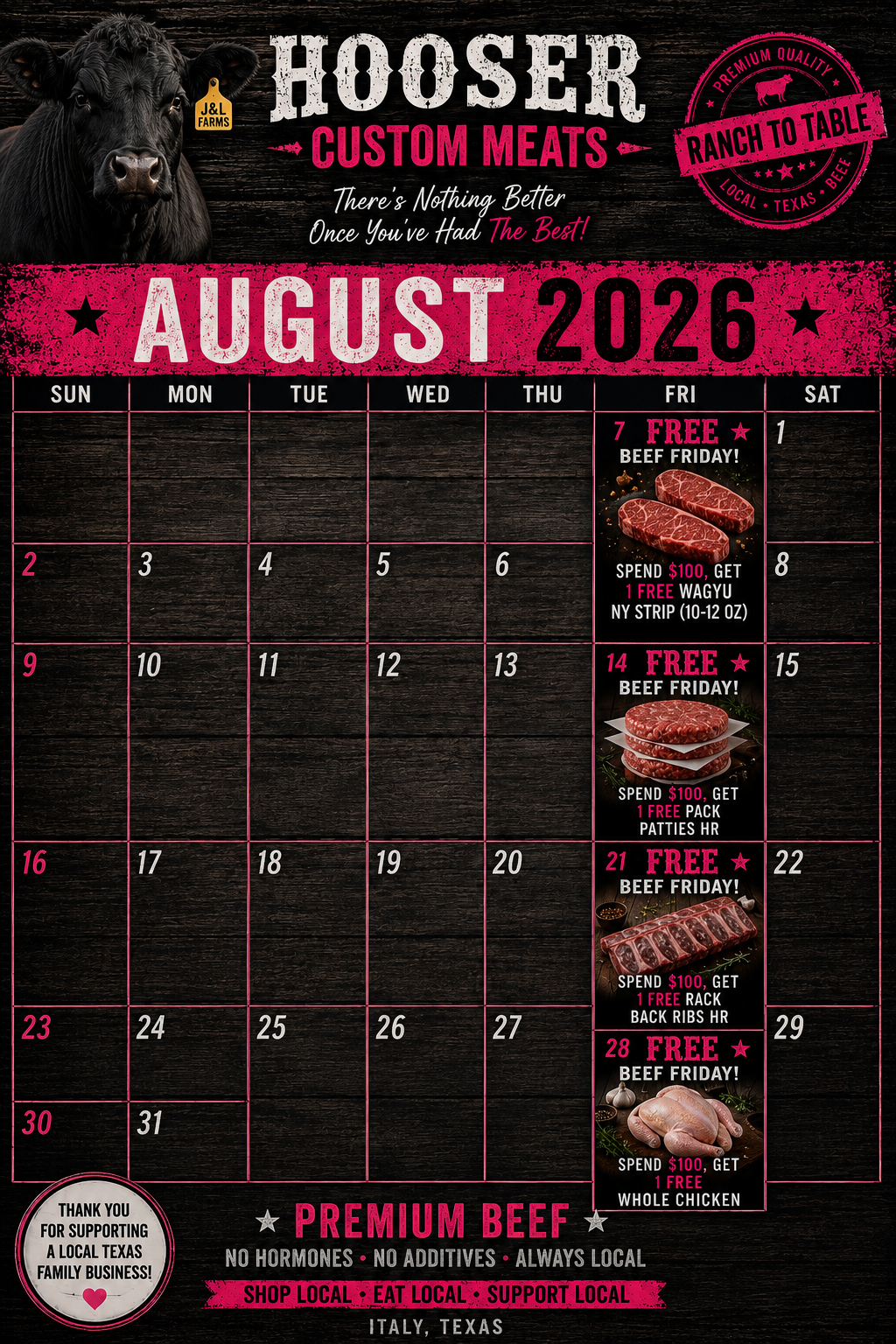 August Free Beef Fridays calendar