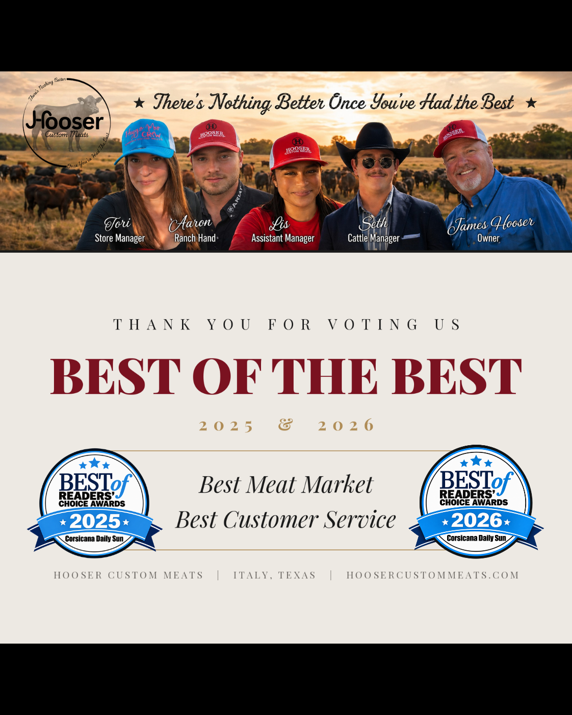 Corsicana Daily Sun Readers Choice Best of the Best 2025 and 2026, Best Meat Market and Best Customer Service