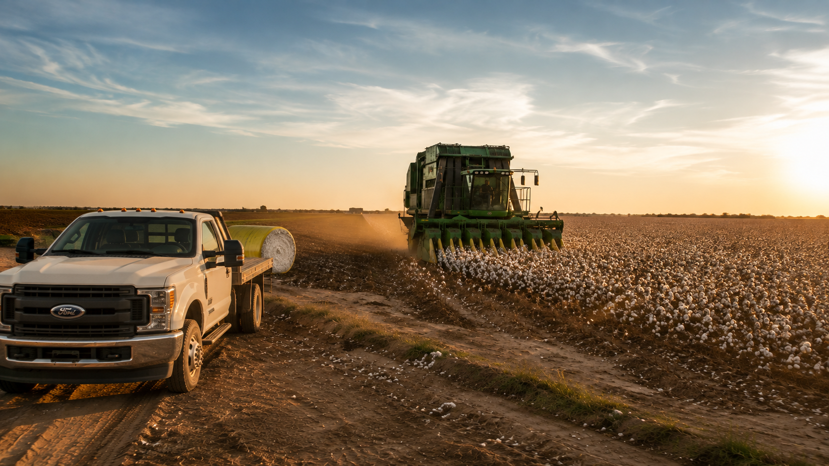 Cotton harvest in the fields around the ranch in Italy, Texas