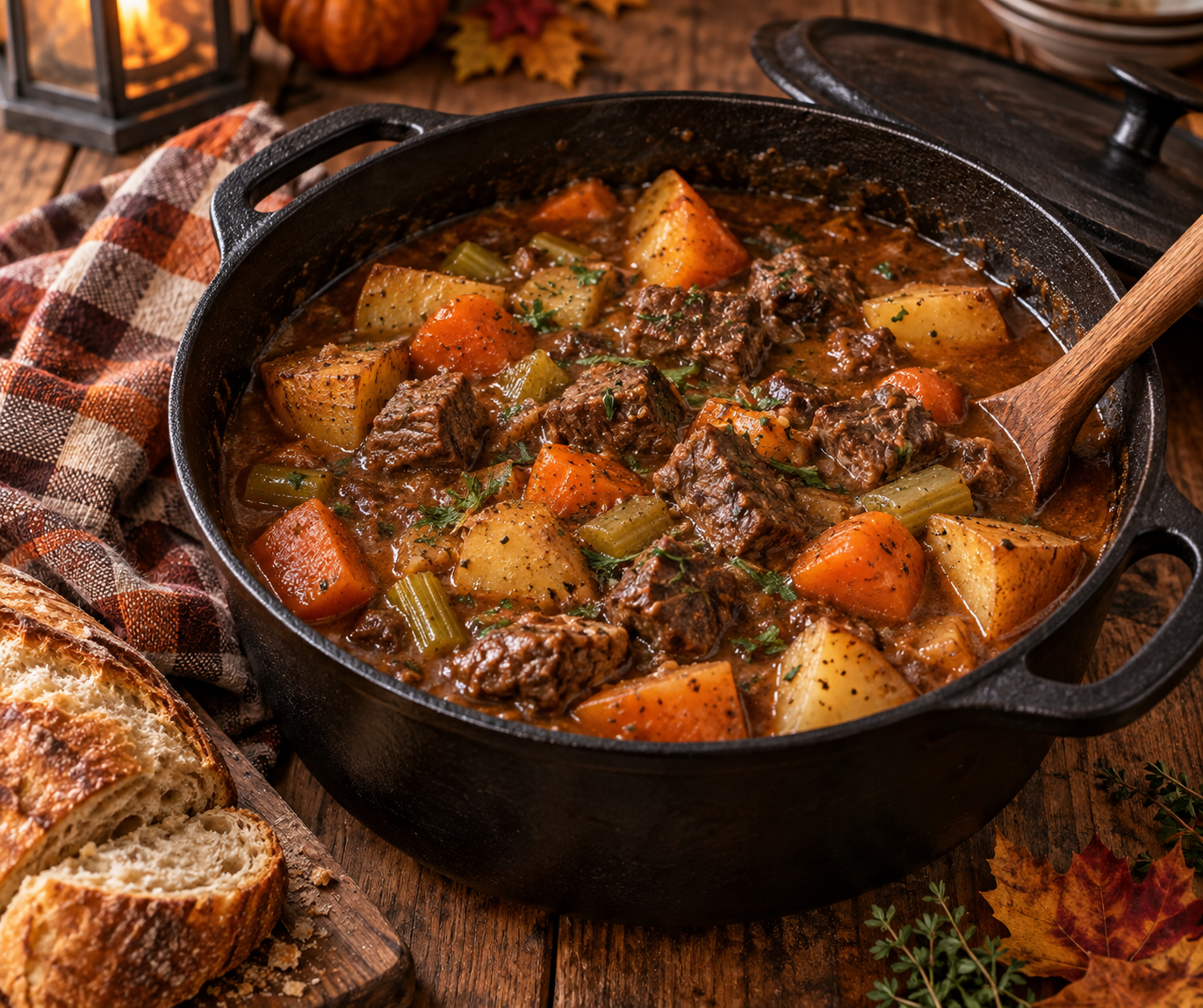 Wagyu Beef Stew in a cast iron Dutch oven