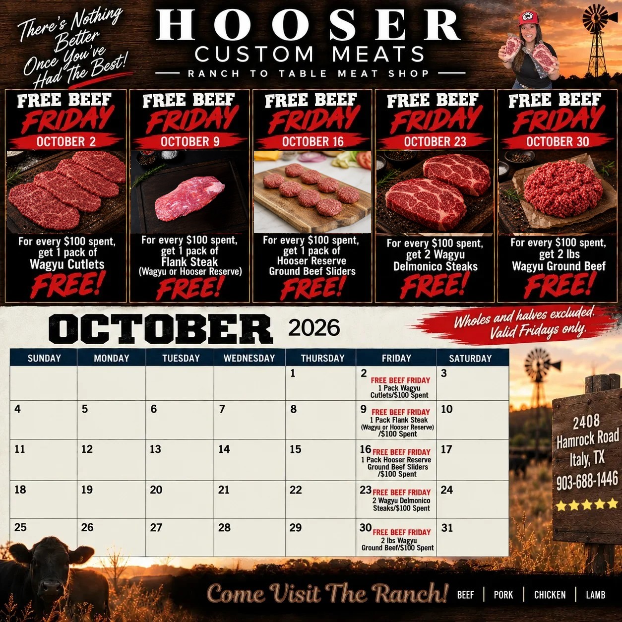 October 2026 Free Beef Friday calendar, one free item for every $100 spent